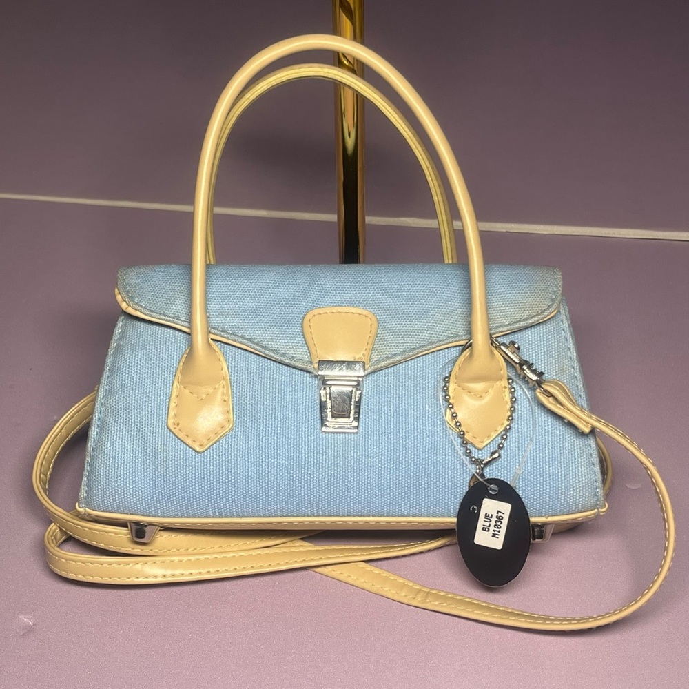 Sax Light Blue Canvas Mini Satchel with Tan Trim